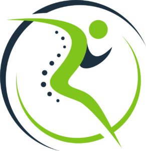 Abstract figure in green and dark blue showing spinal curve with circular elements inside a circular frame