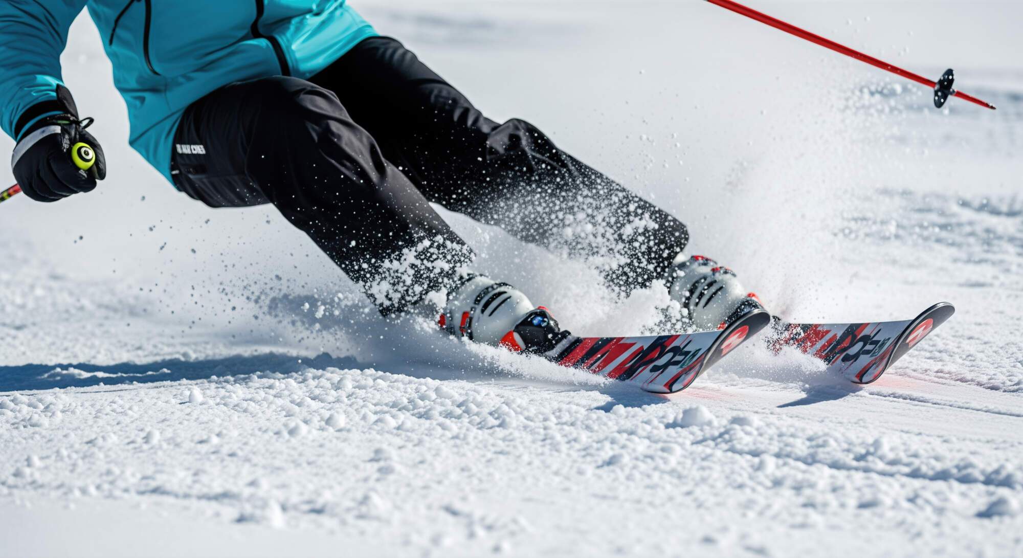 Close-up of a skier in mid-action on snowy slope, wearing blue jacket and red skis, with snow spray kicked up around their legs and a gate pole visible in the background.